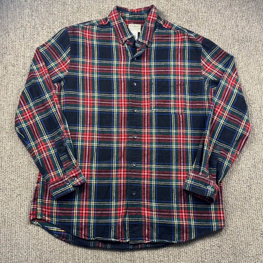 LL Bean Mens L Flannel Button Up Shirt Slightly Fitted Long Sleeve Tartan Plaid